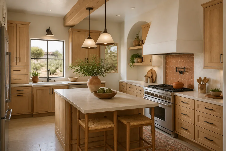 Warm Southwestern kitchen concept with light wood cabinets, stone counters and a clear cooking workspace.