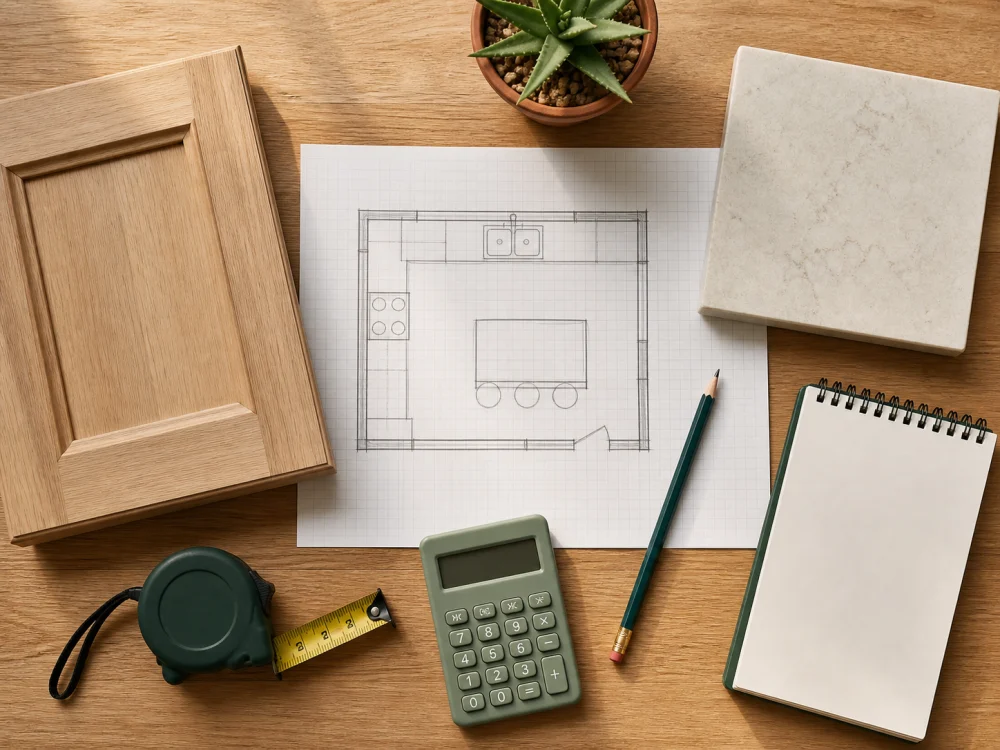 Kitchen planning board with a room sketch, tape measure, cabinet sample and blank planning notebook.
